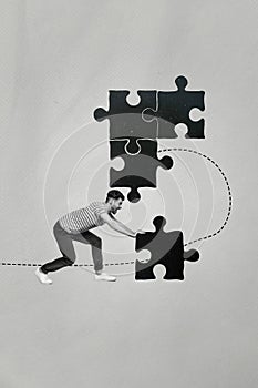 Vertical creative composite illustration collage photo of focused clever man pushing heavy piece of puzzle isolated