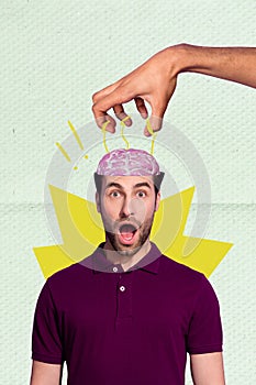 Vertical creative composite illustration photo collage of large arm manipulating amazed shocked man brain isolated on