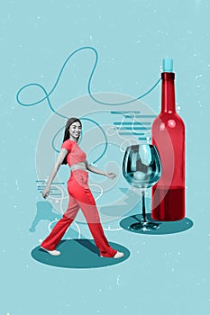 Vertical creative composite illustration photo collage of satisfied girl go to party drink wine have fun isolated blue