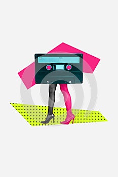 Vertical creative composite photo collage of bodyless girl retro cassette instead of body go on party isolated white