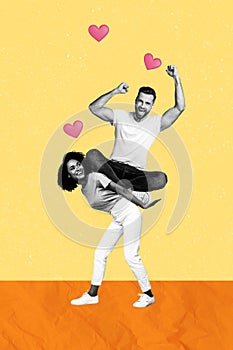 Vertical creative composite photo collage of funny woman hold happy man on back bring him on date isolated yellow color