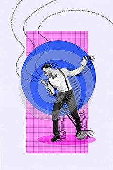 Vertical creative graphics collage image of cool carefree guy singing vintage microphone black white effect on colorful