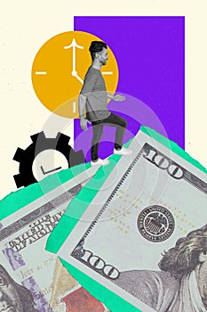 Vertical creative metaphor collage of young businessman reach heights growing salary time management expert isolated on