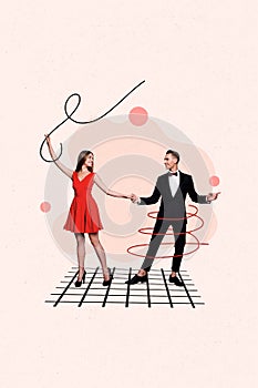 Vertical creative minimal photo design of positive lovely people couple guy lady dancing together isolated drawing