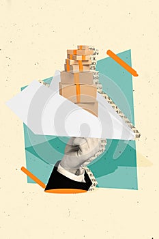 Vertical creative photo abstract illustration collage of human hand hold paper plane with boxes packages isolated on