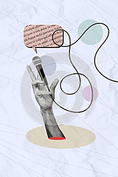 Vertical creative photo artwork composite collage of hand holding microphone talking speech on stage isolated on