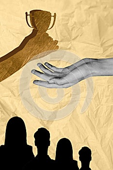 Vertical creative photo collage of hand rewarding people crowd silhouettes watch grammy oskar awards isolated on beige