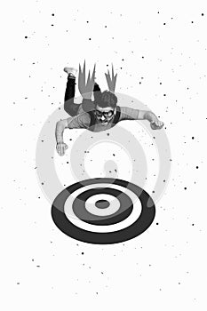 Vertical creative photo collage of handsome active man flying jetpack behind back target darts isolated on pastel color photo