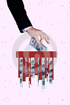 Vertical creative photo collage human businessman hand put banknote hundred dollars cash mosaic money finance rich