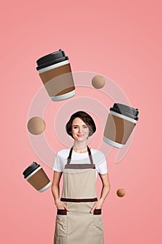 Vertical creative photo collage standing young woman coffee special offer energy drink bartender barista discount promo