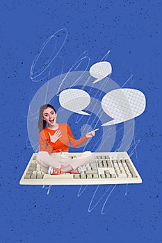 Vertical creative photo illustration collage of ecstatic satisfied girl sitting on keyboard typing messages isolated on