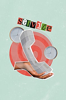 Vertical creative picture collage human hand hold telephone customer support service timer oclock management client help