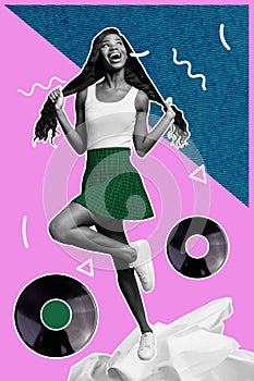 Vertical creative picture collage young happy joyful energetic girl dance clubbing party festive event vintage vinyl