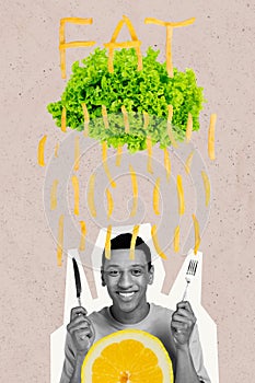 Vertical creative picture collage young man hungry grocery ingredients citrus lemon lettuce vegan food nutrition fat