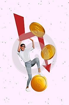 Vertical creative picture collage young woman try prevent falling arrow money loss crisis devaluation investing failure