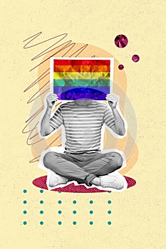 Vertical creative poster collage young person showing lgtbq flag colorful rainbow rights equity parade dignity gender