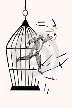 Vertical creative poster young crazy man escaping cage run away break through cell persistence reach target drawing