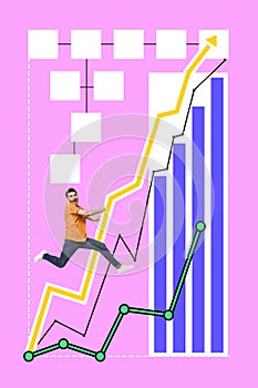 Vertical creative poster young man reach success increase profit rise arrow progress diagram charts startup income