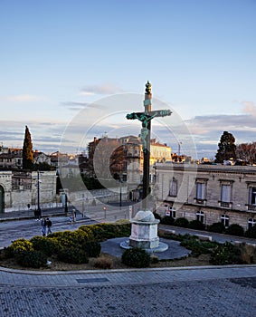 Vertical of the Croix du Peyrou monumental cross in Montpellier, France