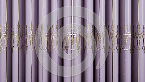 vertical curtain strip fully closed, with little vertical undulation, in light lilac color with golden prints.