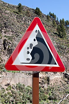 Vertical danger rocks sign in canary islands
