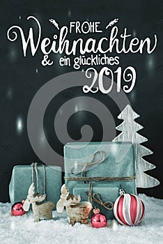 Vertical Decoration, Calligraphy Glueckliches 2019 Means Happy 2019, Frosty Look