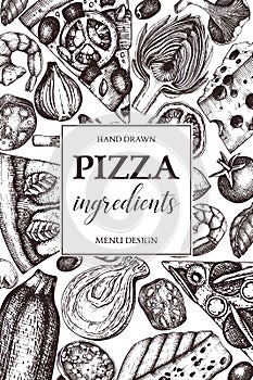 Vertical design with hand drawn italian pizza ingradients sketches. Vintage frame for pizzeria or cafe menu. Meat, seafood, cheese