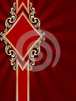 Vertical diamond-shaped red banner with gold fil