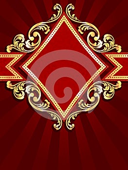 Vertical diamond-shaped red banner with gold fil