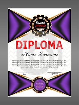 Vertical diploma or certificate template with purple elements design background. Vector