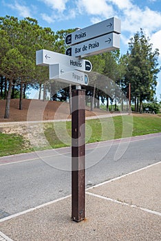 Vertical of the direction signs to important points in Troia, Portugal