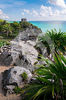 Vertical distant view of the historical Tulum Archaeological Zone ruins in Mexico