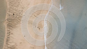 Vertical drone view of beautiful yellow sand beach with transparent tropical ocean waves. Concept of freedom and summer travel