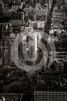 Vertical drone view of the cityscape with the Flatiron Building in New York City, USA