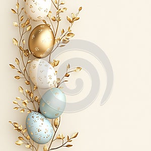 Vertical Easter eggs in gold, white and pastel colors with green branches on a beige background