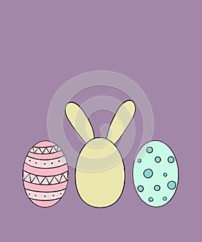 Vertical Easter illustration. A cute Easter yellow rabbit from the back and bright Easter eggs of pink and turquoise color with
