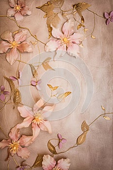 Vertical elegant beige grunge background with pink clematis flowers and golden leaves, place for text, botanical backdrop in soft