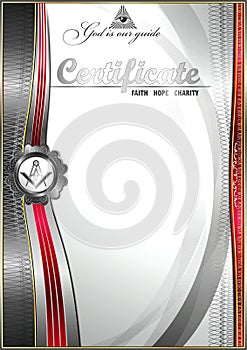 Vertical elegant Masonic certificate with abstract waves. Black and red inserts on a white background.