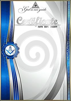 Vertical elegant Masonic certificate with abstract waves. Blue inserts on a white background.