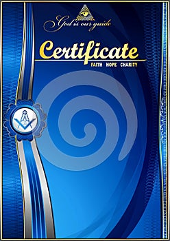 Vertical elegant Masonic certificate with abstract waves. In blue tones.