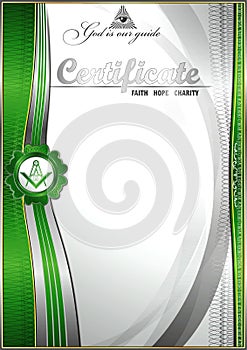 Vertical elegant Masonic certificate with abstract waves. Green inserts on a white background.