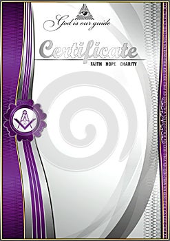 Vertical elegant Masonic certificate with abstract waves. Lilac inserts on a white background.