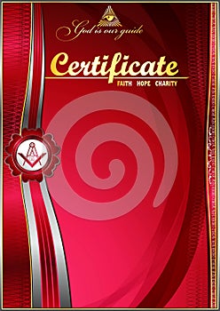 Vertical elegant Masonic certificate with abstract waves. In red colors.