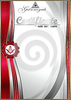 Vertical elegant Masonic certificate with abstract waves. Red inserts on a white background.
