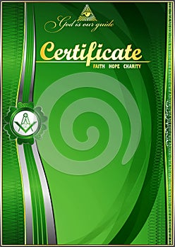 Vertical elegant Masonic certificate with abstract waves. In shades of green.