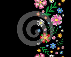 Vertical embroidered seamless border with flowers on a black background. Vector design