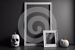 Vertical empty frame and white pumpkin jack o lantern. Copy space template for spooky Halloween party. Generative AI