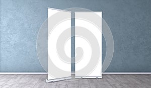 Vertical empty white roll up for print. Rollup banners stand. Blank template mockups.