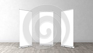 Vertical empty white roll up for print. Rollup banners stand. Blank template mockups.