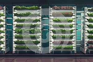 vertical farm, with crops growing on vertical wall and fish swimming in aquariums